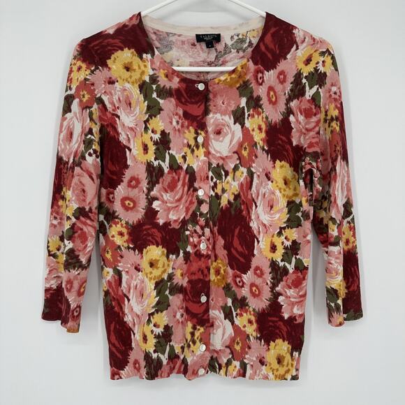 Talbots Sweater Womens Petite Small Pink Red Yellow Floral Silk Cotton Cardigan - Picture 1 of 9